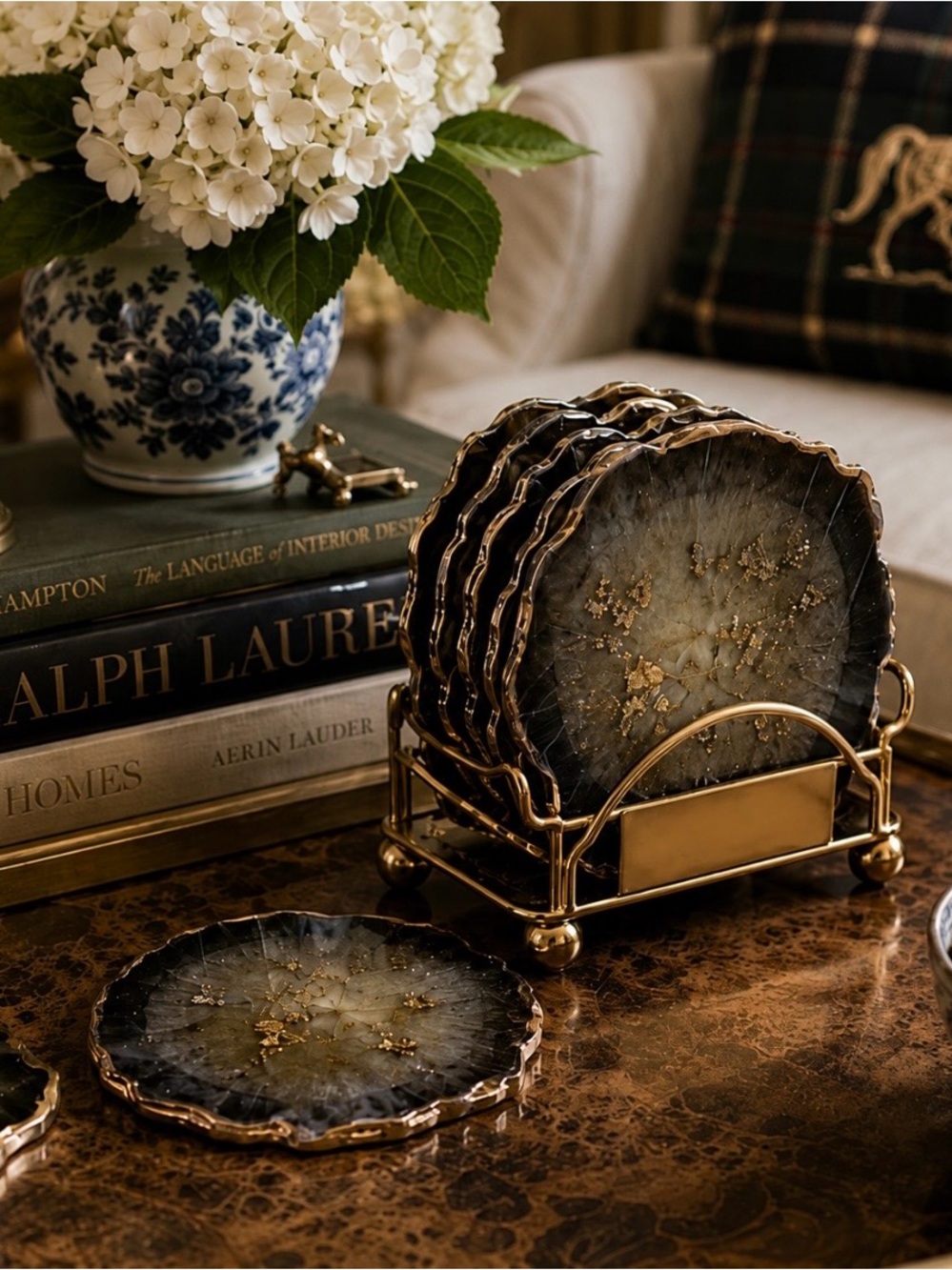 Luxury Agate-Style Resin Coasters Gold Edge Set of 10 Glam Decor